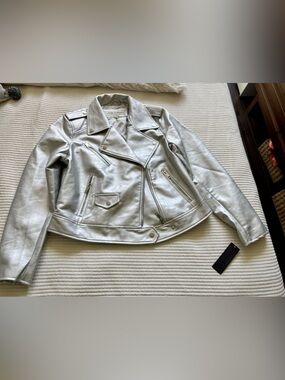 Metallic Silver Vegan Leather Moto Jacket